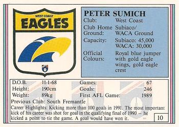 1992 AFL Regina #10 Peter Sumich Back